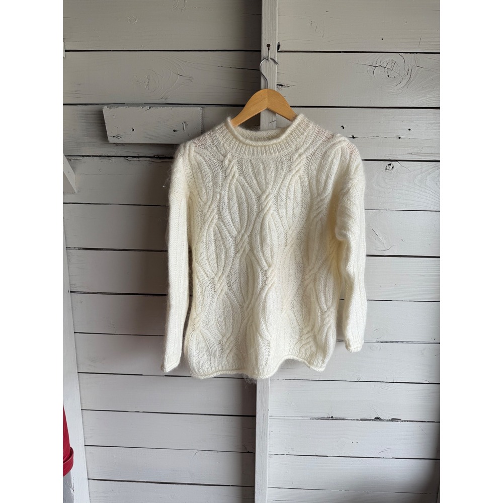 Vintage Cristina Mohair Blend Cable Knit Sweater Ivory Cream White Leaf Pattern